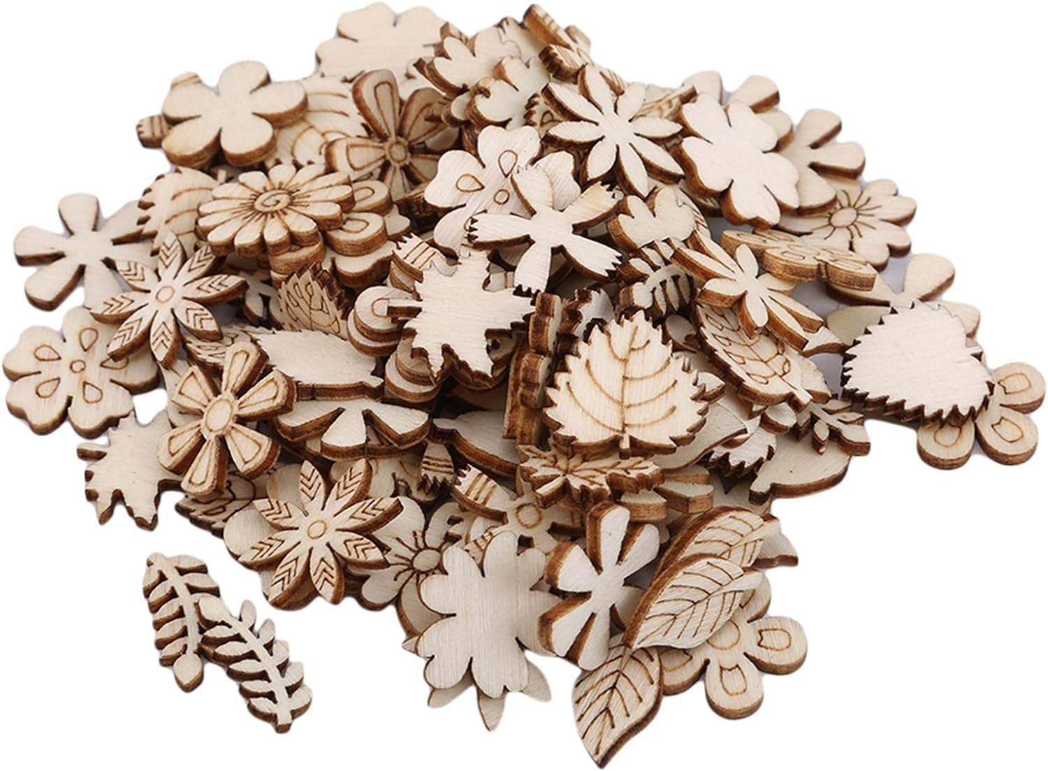 100 piezas de madera sin terminar con forma de flor, rebanada de madera, hojas, recortes, piezas pequeñas de madera para manualidades, decoración hecha a mano, suministros para manualidades.