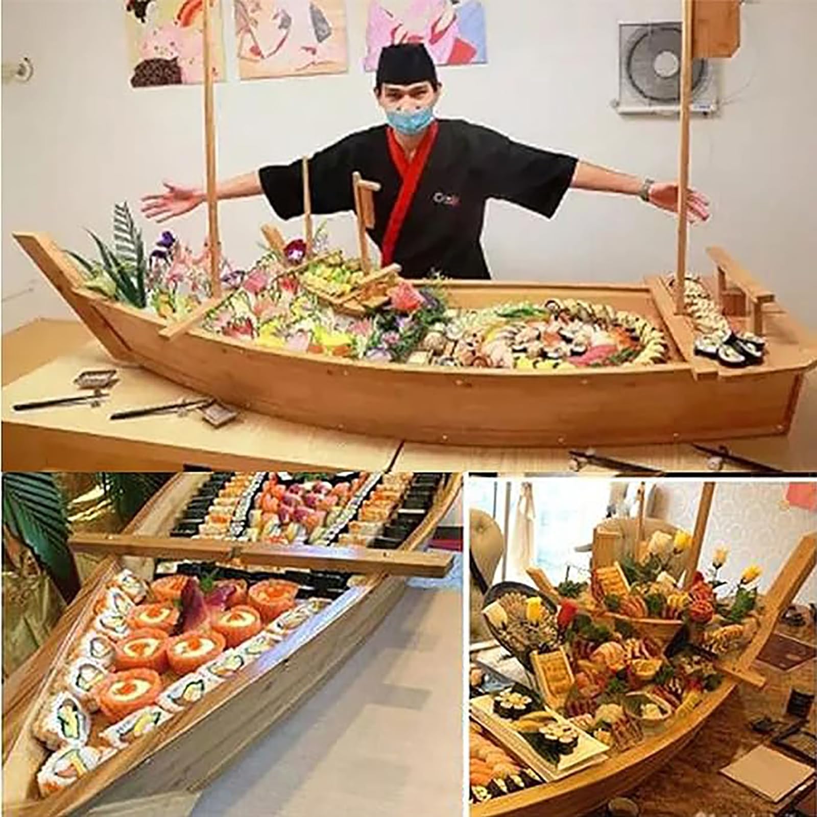 Plato para Sushi, Plato para exhibición de mariscos, Gran Capacidad, Bandeja para exhibición de Alimentos con decoración náutica de bambú de Madera, Bandeja para Sushi, Plato para Servir en