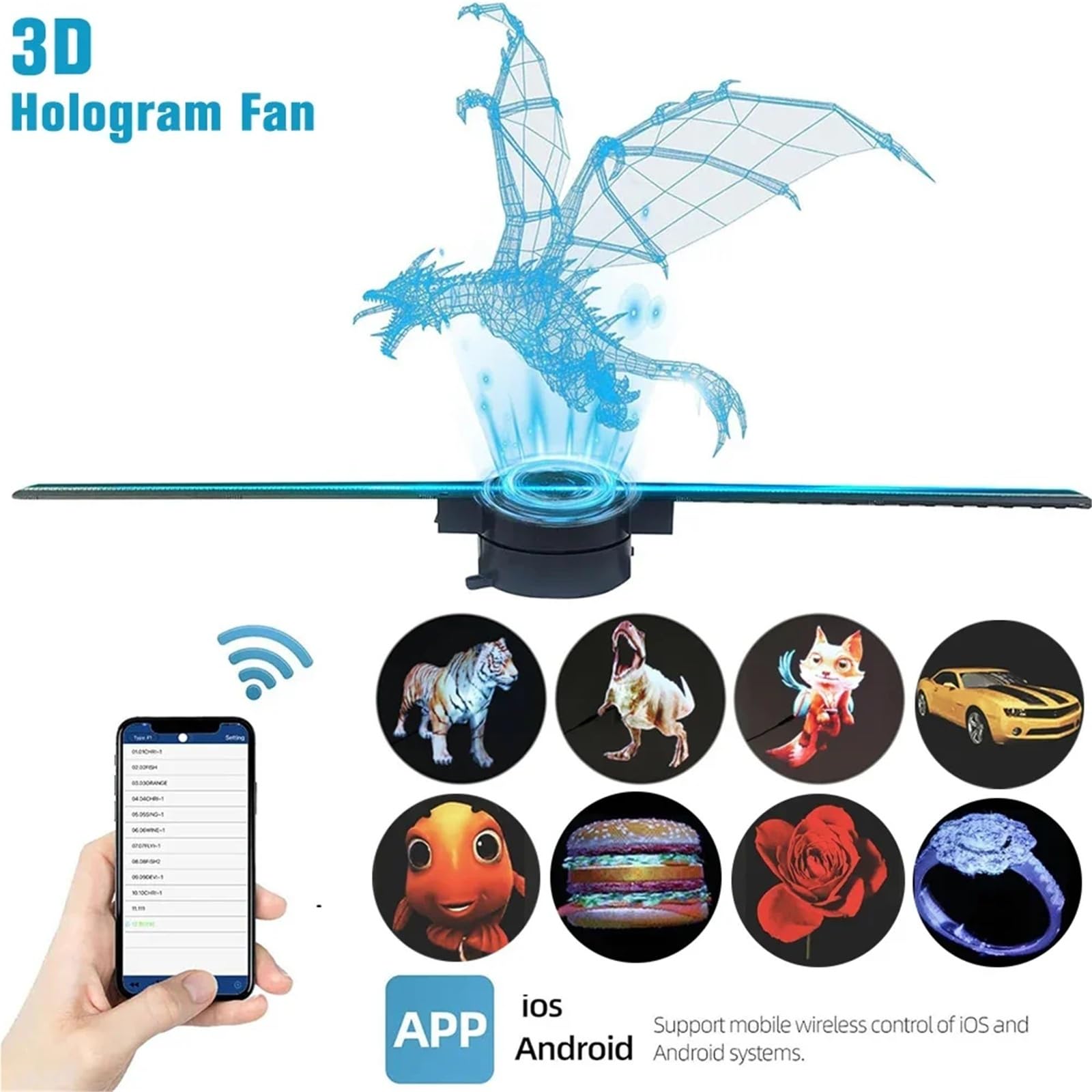3D Hologram Fan 42CM WiFi Holographic Projector Advertising Display Light HD for Stores Bars Party Xmas(US-EU Plug)