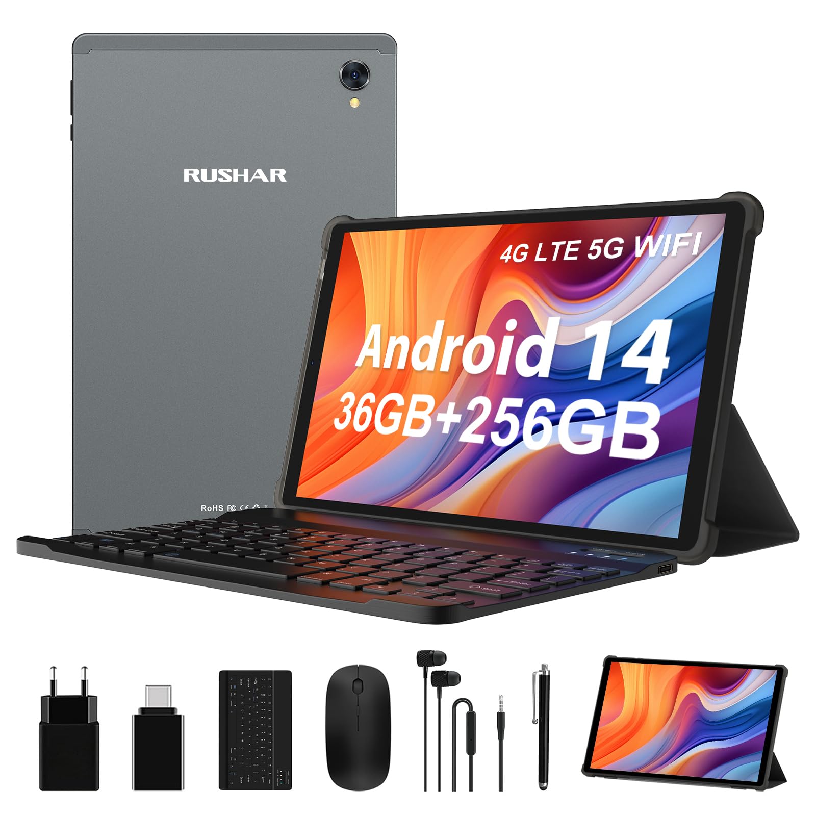RUSHAR Tablet 10.4 Pollici Android 14 con 36GB RAM+256GB ROM (2TB TF),Tablet 4G LTE+5G WiFi,Octa-Core,2000 * 1200,8000mAh,13MP+8MP,Tablet in offerta con Tastiera etc,GPS/Bluetooth,Grigio