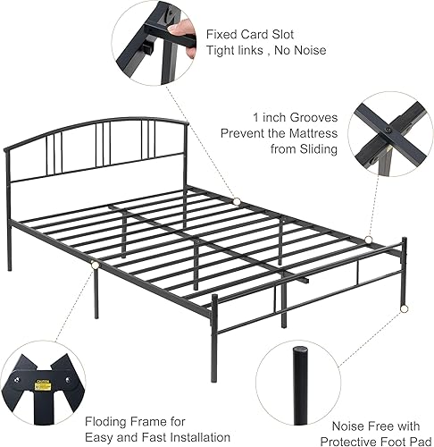 Miniatura 7 de VECELO Base de cama tamaño Queen con cabecero y estribo, base de colchón de plataforma metálica, listones de acero resistente, no necesita somier,
