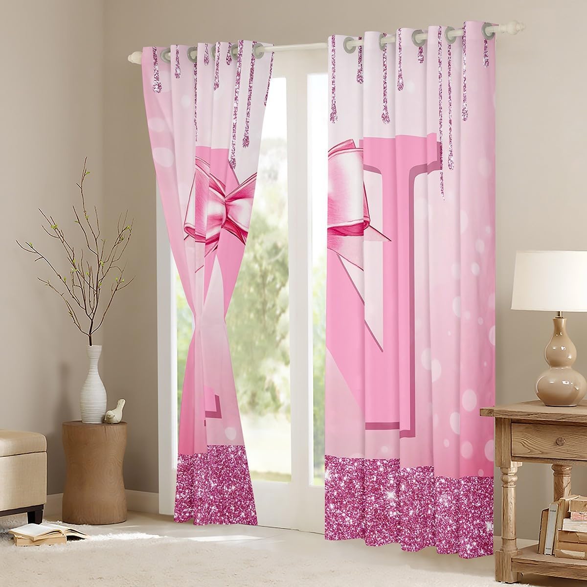 Erosebridal Initial N Blackout Curtains Girly Pink Bow Window Curtains 2 Panel Sets 42" Wx84 L Coquette Glitter Bow Window Treatments Drapes Alphabet Letter Teen Girl Decor Preppy Monogrammed Gifts