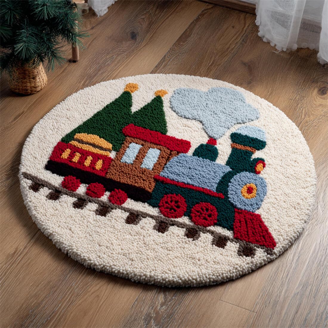 Rqwybcaxn DIY Latch Hook Rug Kit for the Elderly Crochet Starter Kit Cartoon Train 100x100cm Round Tapestry with Crochet Hook Hallway Craft Gift
