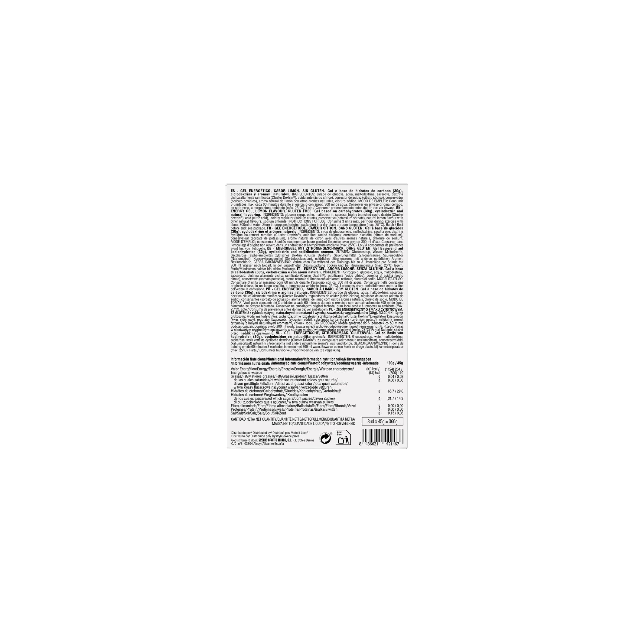 226ERS - High Energy XS, Gel Energético para Deportistas, Ciclodextrina, Hidratos de Carbono y Aromas Naturales, Vegano, Sabor Limón, 8 Geles x 45 g