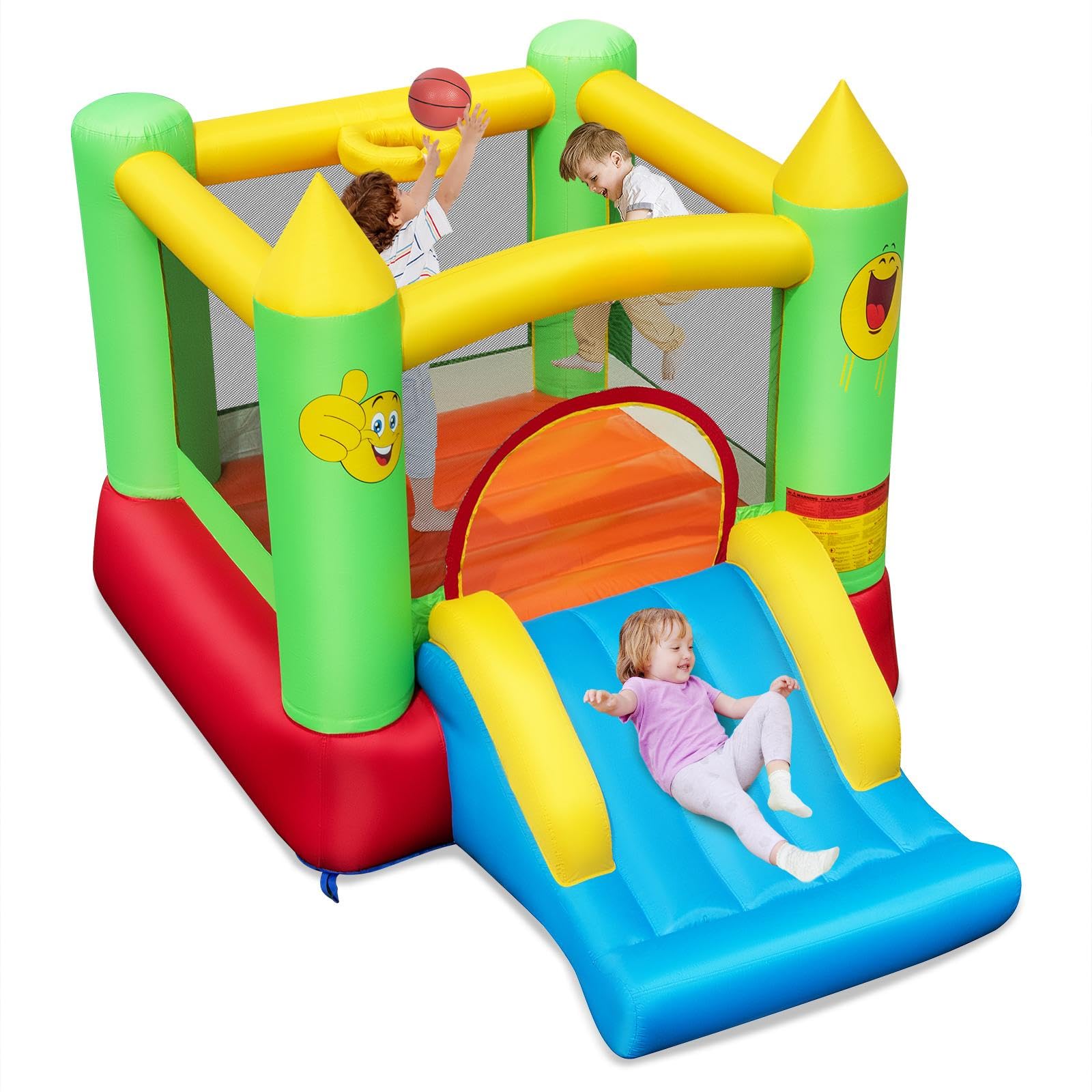 GYMAX Kids Bouncy Castle with Slide and Basketball Hoop, Inflatable Jumping House for Outdoor Indoor (Smiling Face without Blower)