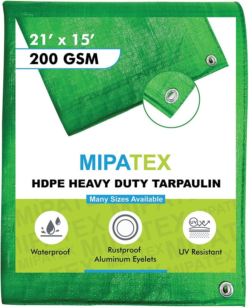 Mipatex Tarpaulin Sheet Waterproof Heavy Duty 21ft x 15ft, Poly Tarp with Aluminium Eyelets Every 3 feet - Multipurpose 200 GSM Plastic Cover for Truck, Home Roof, Rain, Outdoor or Sun (Green/White)