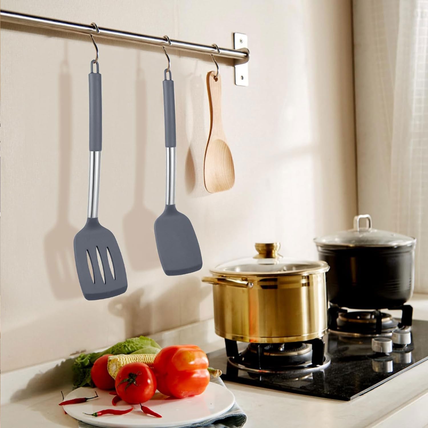 Carrot - Paquete de 2 espátulas de cocina ranuradas antiadherentes, resistentes al calor, sin BPA, utensilios de cocina ideales para pescado, huevos, panqueques (gris)