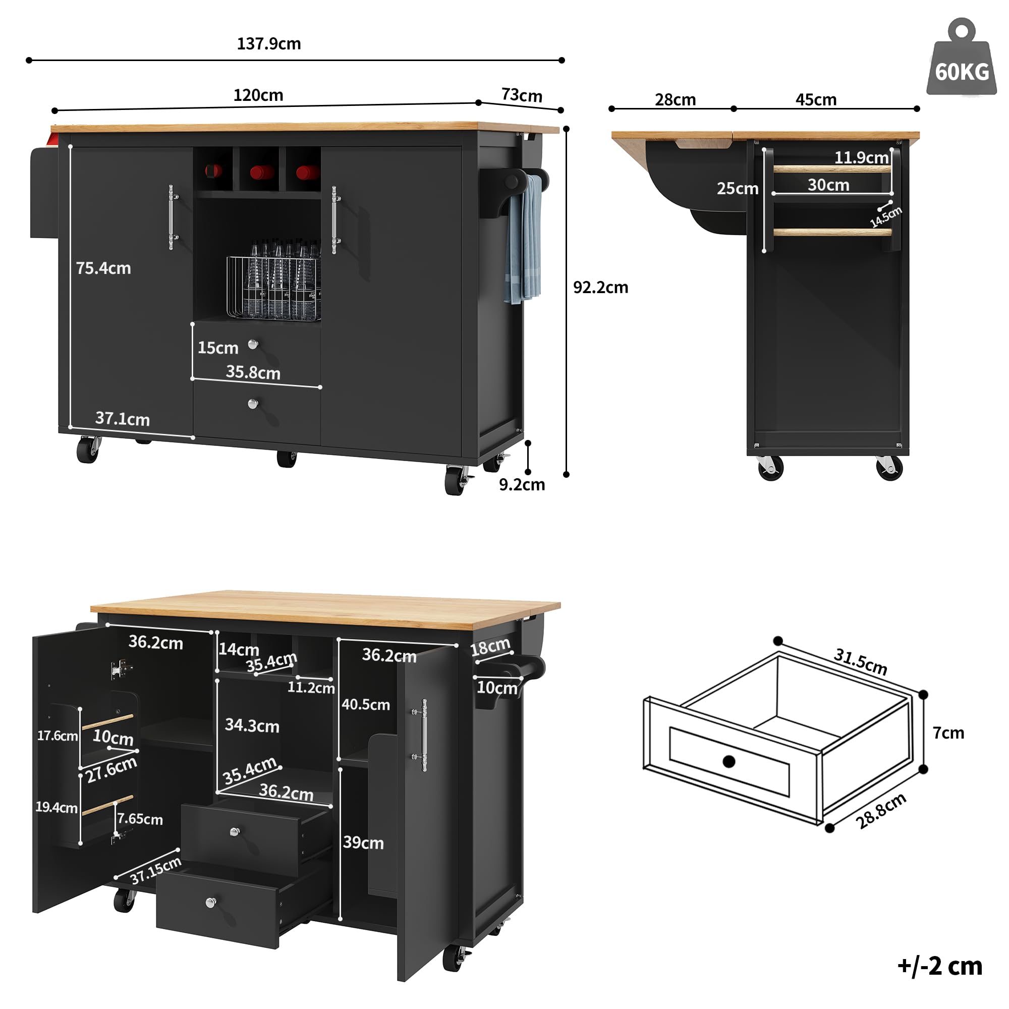 Elegante armadietto da cucina a buffet nero, 120 x 73 x 92 cm, versatile con piano di lavoro pieghevole, portabottiglie e organizer per spezie, ripiani regolabili e porta per un'efficienza ottimale