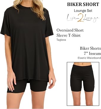 Womens 2 Piece Lounge Set with Oversized T-Shirt & Biker Shorts, Sleepwear & Loungewear, Stretch Fabric Pajama