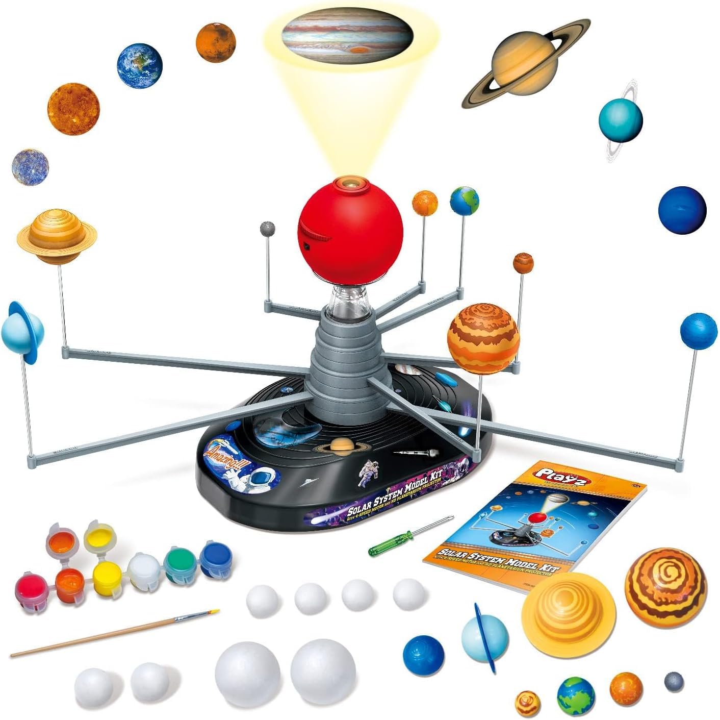 Playz Solar System Model Kit with 4 Speed Motor, HD Planetarium Projector, 8 Painted Planets, and 8 White Foam Balls with Paint and Brush for a Hands-On STEM DIY Project