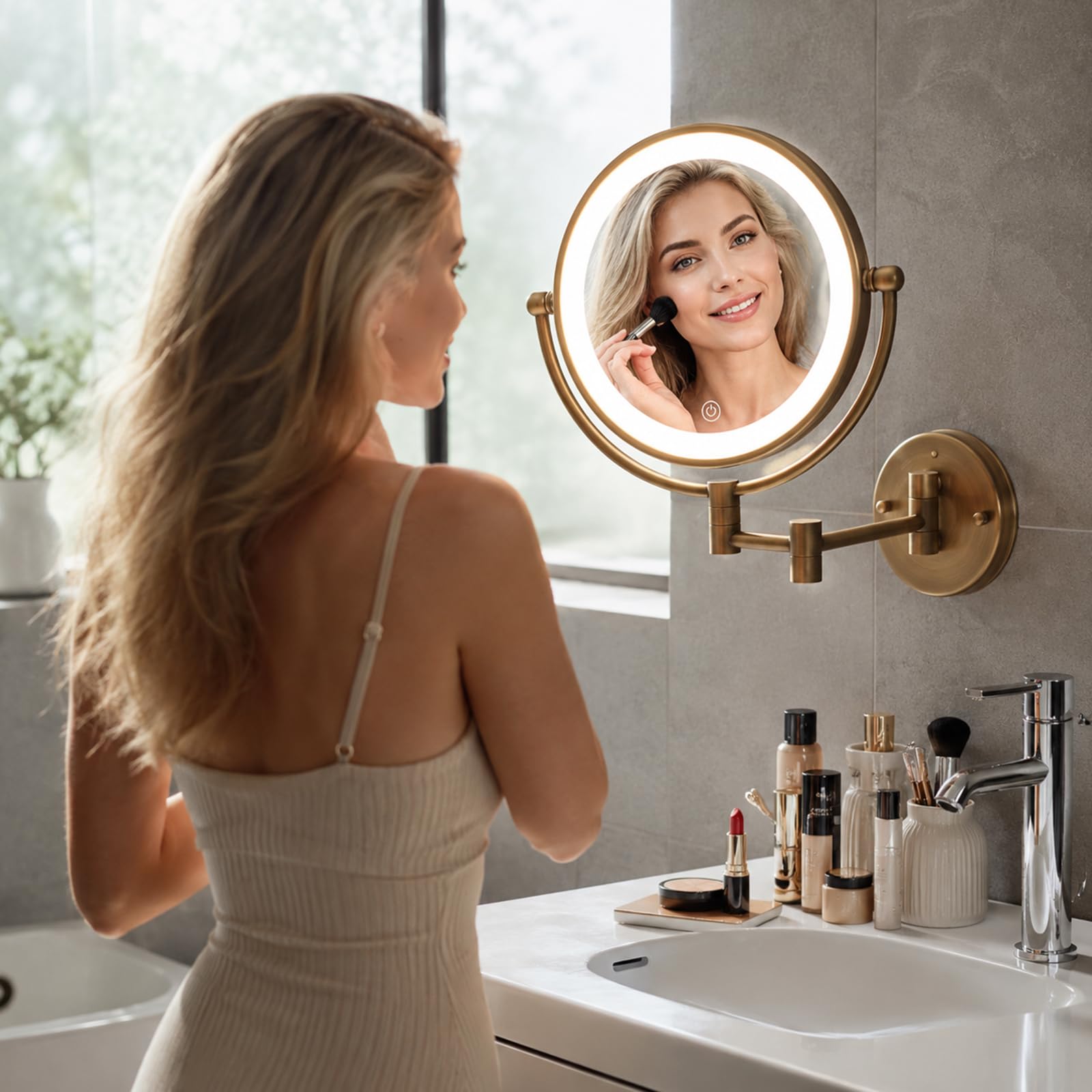 Espejo Maquillaje con Luz, Espejo Aumento 1x/7x Doble Cara 360 Giratorio, Espejo de Afeitar Regulable de 3 Colores, Pantalla Táctil, Pared para Tocador, Baño y Afeitado (Finitura anticata, 7, x)