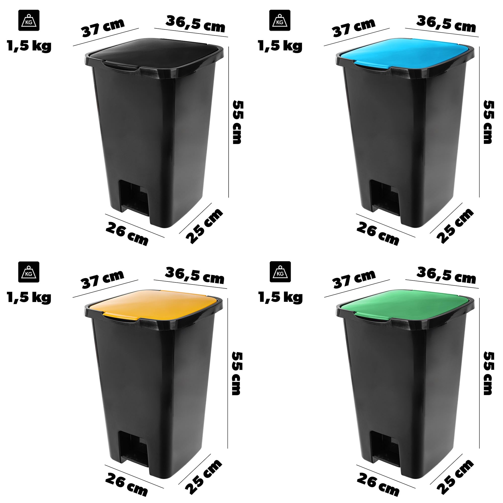 KADAX Cubo de basura con pedal de 45 litros, juego de 4 unidades, con pedal y tapa, cubo de basura grande para separación de basura, cubo de basura de plástico con pedal