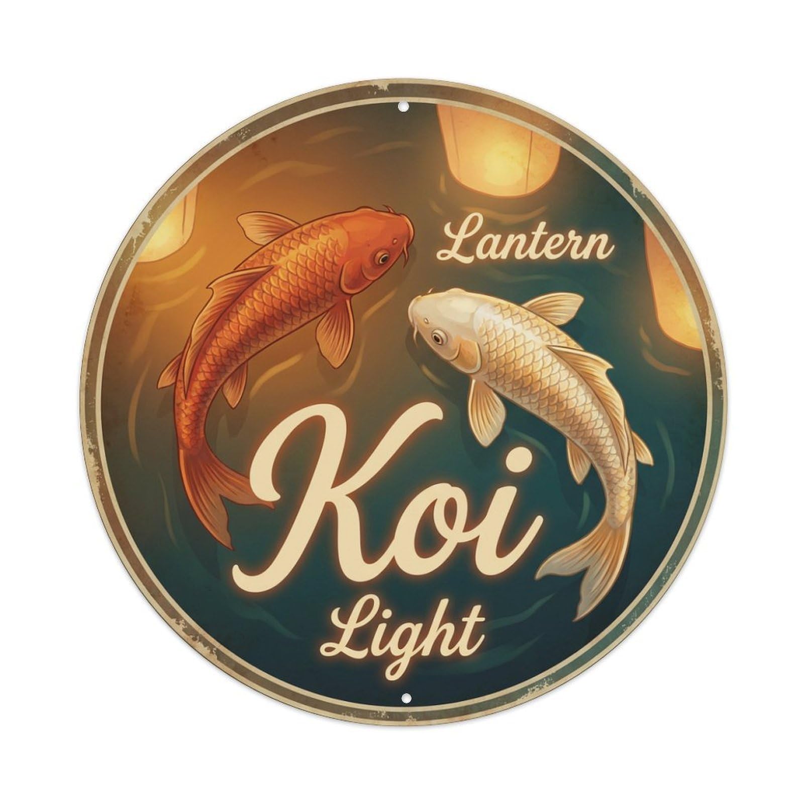 Koi Fish Lantern Light Waters Glow Illumination Night Warm Metal Tin Sign