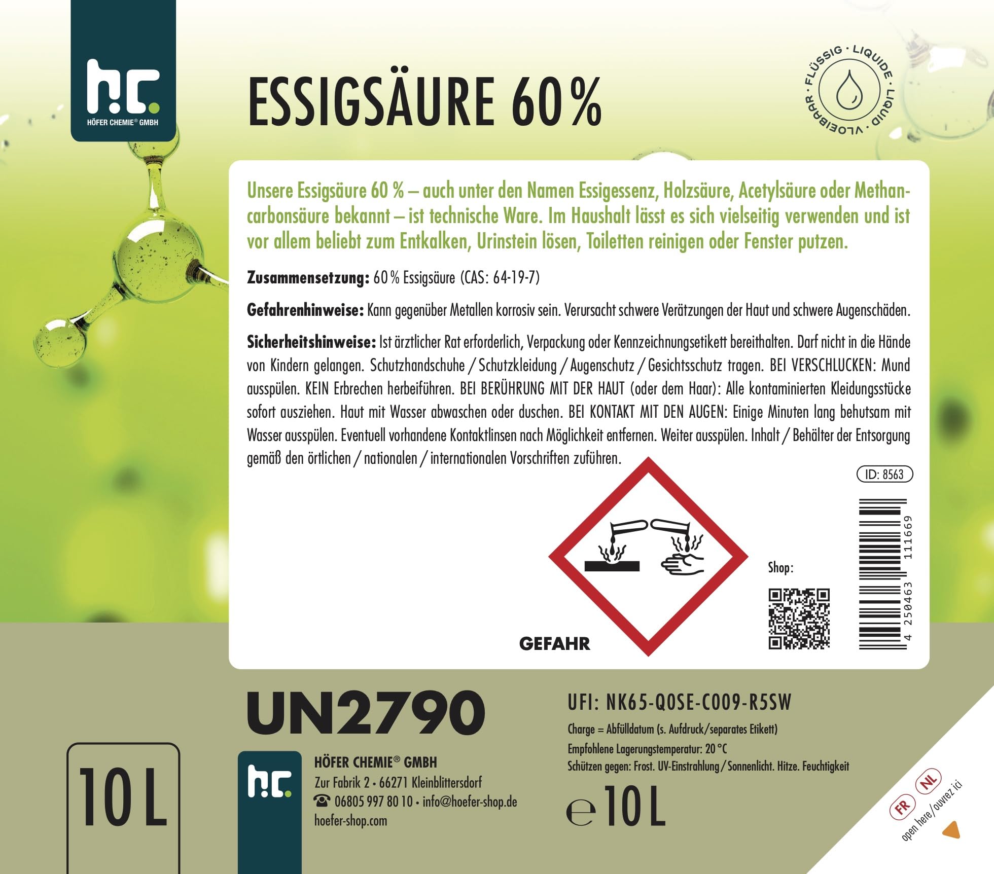 Höfer Chemie 2 x 10 L Essigsäure 60% - optimaler Reiniger und Entkalker - Premium Qualität Made in Germany - frisch abgefüllt im handlichen Kanister