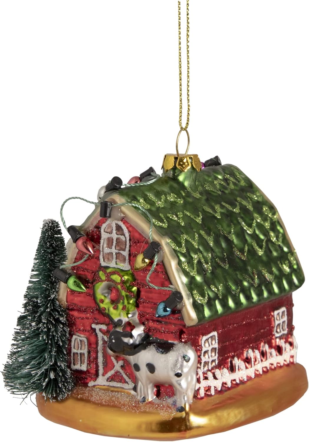3.5” Red and Green Dairy Barn with Christmas Lights Glass