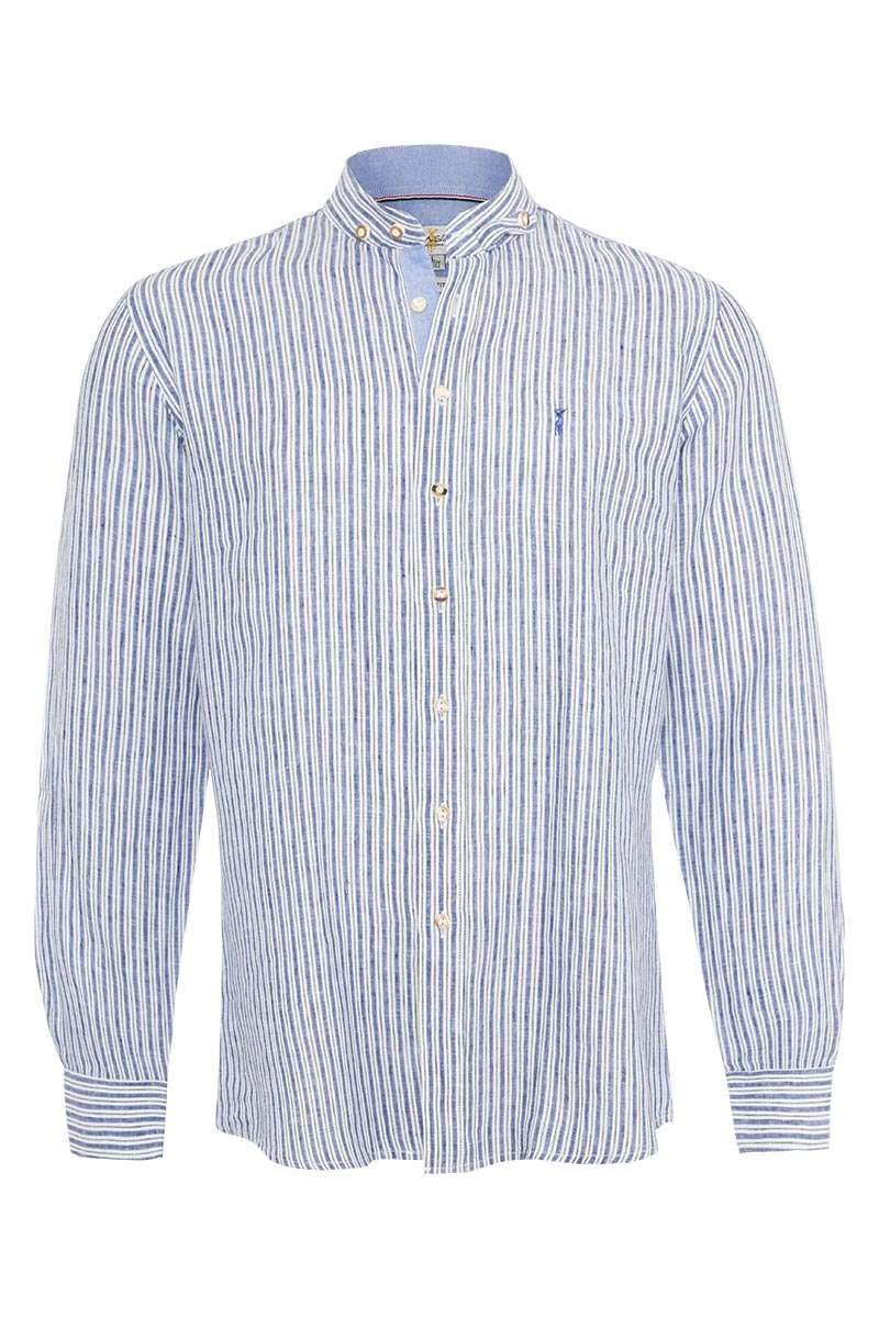 Almsach Herren Trachten Leinenhemd Stehbund Slim gestreift blau grün, 5009-BLUE Green, S