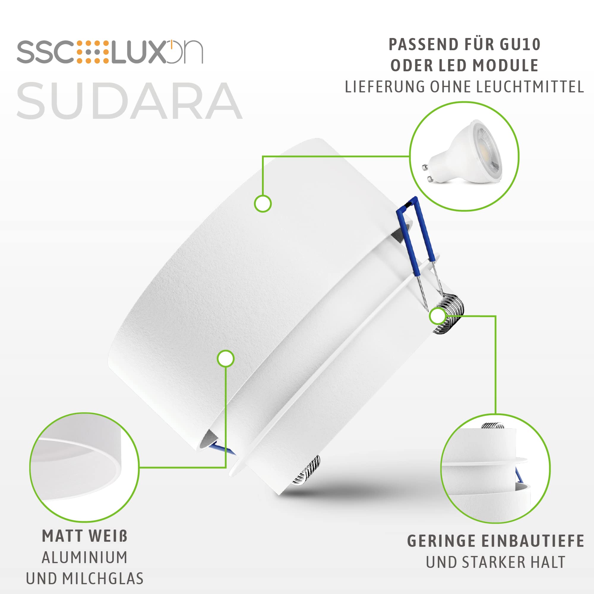 SSC-LUXon Sudara Einbauspot 5 Stück weiß indirekt | Fünf Design-Deckenspots weiß mit indirektem Up-Down-Licht - für Flur & Wohnzimmer, GU10 oder LED-Modul (ohne Leuchtmittel)
