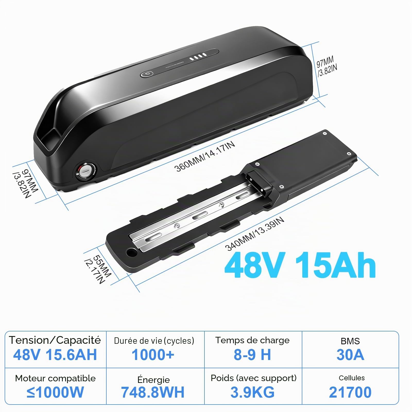 Batterie électrique Mini Format 48V 15Ah pour vélo 250w 500w 750w 1000w | Batterie intégrée au cadre pour 250w 500w 750w 1000w motor vélo électrique (48V 15Ah 6 broches LG/Cells)