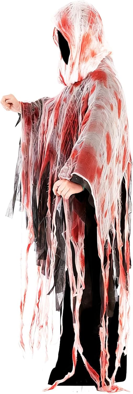 Halloween Horror Hooded Cloak Scary Ghost Tattered Bloody Robe Medieval Wizard Death Red Cape Vampire Cosplay Costume for Adult Men Women Masquerade Party
