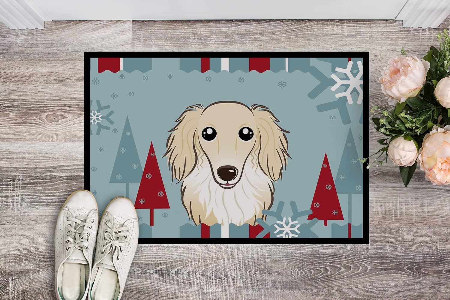 Caroline's Treasures BB1708MAT Winter Holiday Longhair Creme Dachshund Doormat 18x27 Front Door Mat Indoor Outdoor Rugs for Entryway, Non Slip Washable Low Pile, 18H X 27W