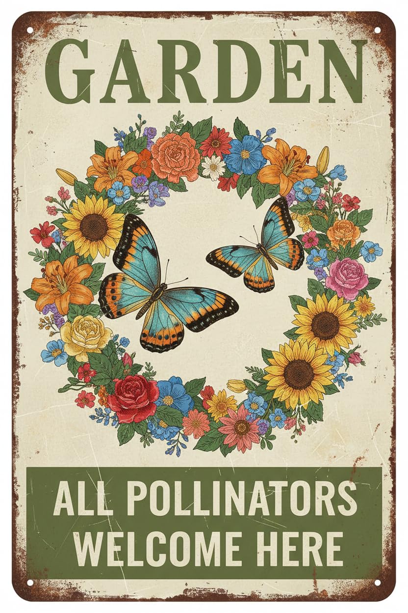 Plaque Metal Sign Butterfly Flower All Pollinators Tin Sign Vintage Art Wall Decor Sign for Garden Retro Store Cafe 8"x12"