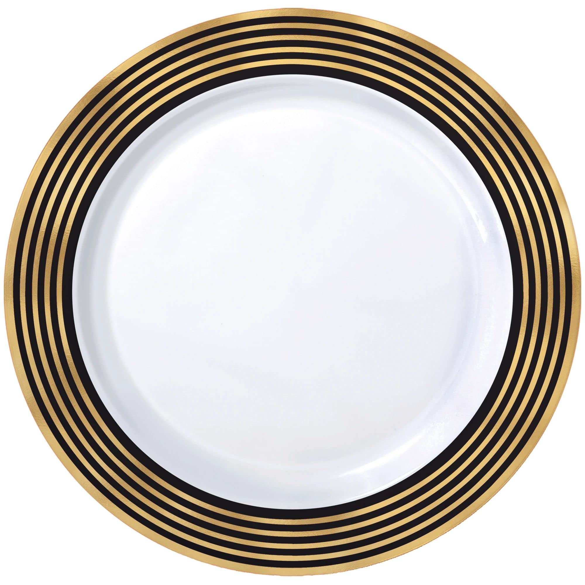 Amscan White Hot-Stamped Party Plastic Plates with Gold/Black Stripe Design - 10.25" (20 Pack) - Elegant Tableware for Events and Celebrations
