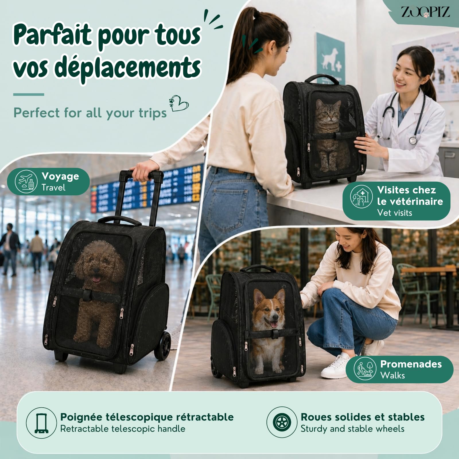 Bolsa de transporte para gatos (2 en 1, con ruedas y mochila, bolsa de transporte para gatos y perros pequeños, hasta 15 kg, bolsa de transporte ventilada, con bolsillos de almacenamiento, 51