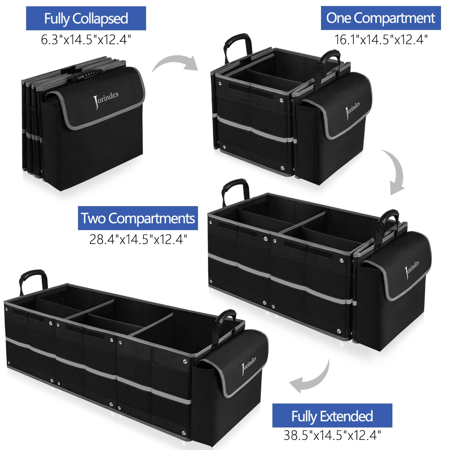 Collapsible Trunk Organizer for Car with Insulated Leak proof Cooler Bag, 3 Compartments SUV Cargo Organizer Removable Dividers, 5 in1 Car Storage Organizer with Foldable Lid,2 Tie-Down Straps(Black)