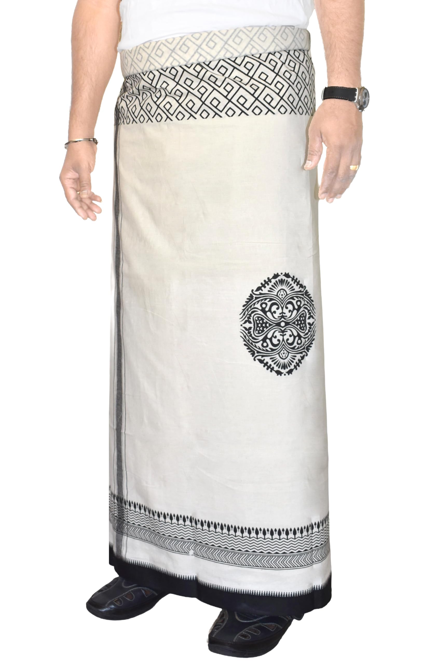 tuni mani Men's Pure Cotton Dhoti with Elegant Decorative Border & Double Top Printed Design | Traditional South Indian Vesti/Mundu | Length 2.0 Metres, Height 1.22meter-picture-11