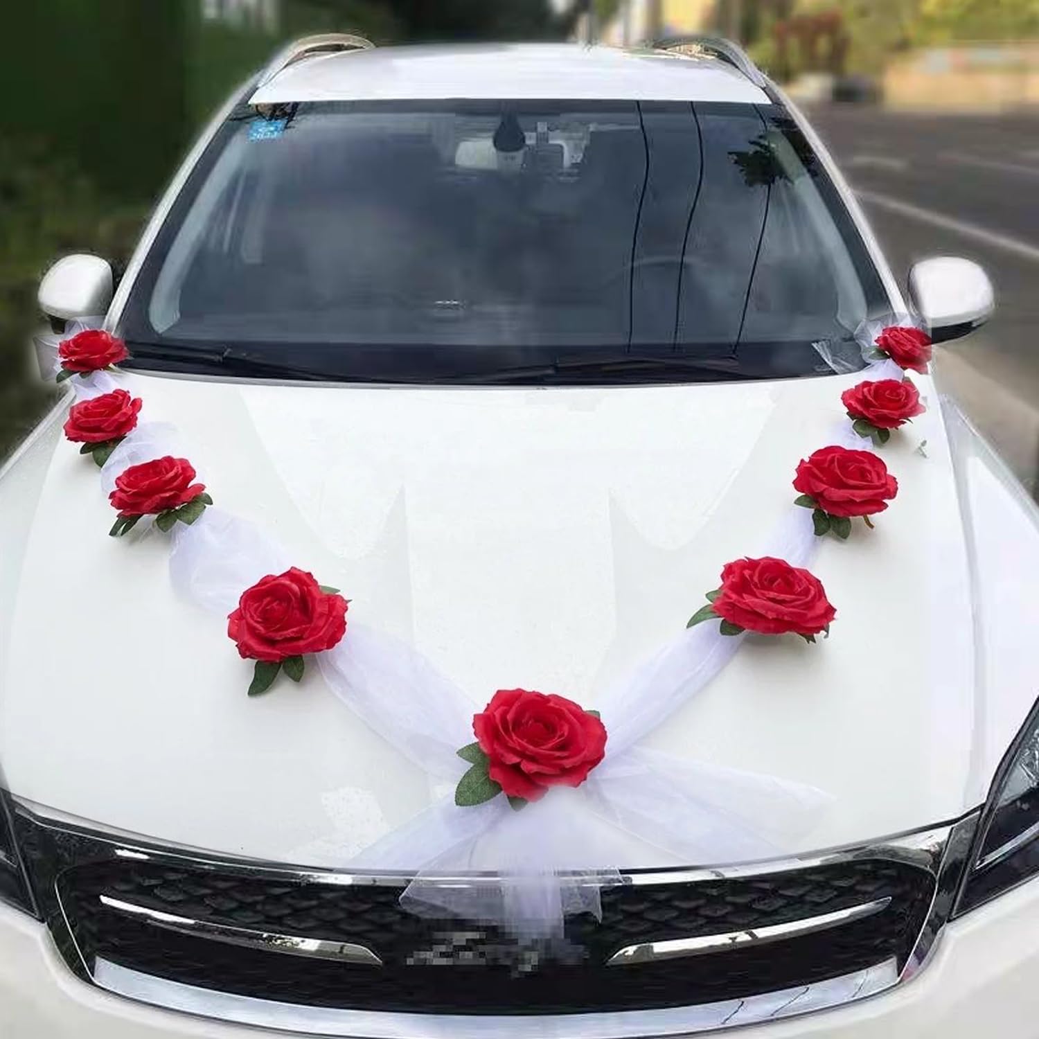 AUTOSCHMUCK Hochzeit Deko Set Girlande Girlande Girlanden Girlanden Girlanden rot weiß mit 9 Rosen 2x1,6m Lang