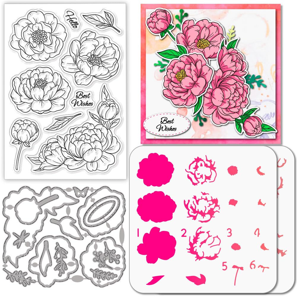 GLOBLELAND Layered Peony Flower Clear Stamps Cutting Dies PET Painting Stencils for Card Making Overlay Spring Flowers Silicone Stamp Metal Greetings Die Cuts PET Paint Stencils for DIY Scrapbooking