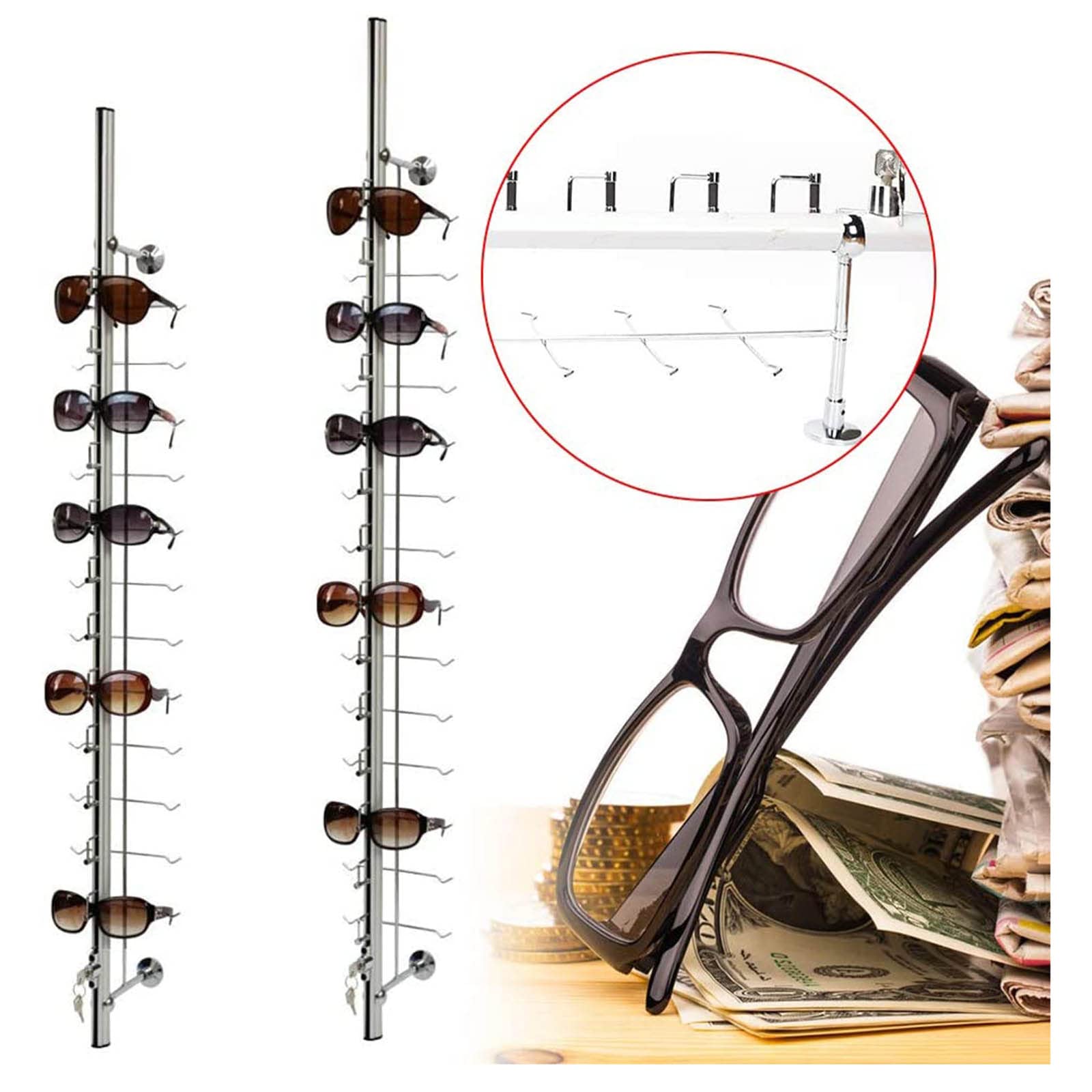 10 soportes de aluminio para gafas de sol de pared, soporte de exhibición decorativo para 12 marcos, almacenamiento seguro para gafas de sol, gafas y gafas