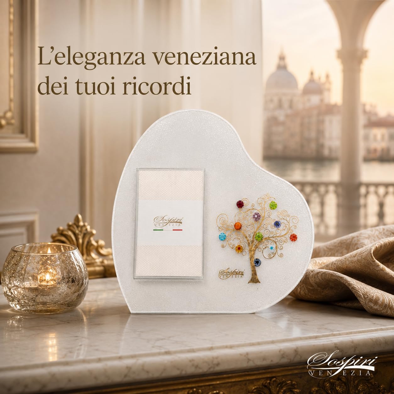 Sospiri Venezia Portafoto Vetro Murano Cornice a Cuore Decorazione Albero della Vita con Murrine Supporto da Scrivania o Tavolo Foto 7x10 cm Idea Regalo Made Italy (19x19 cm)