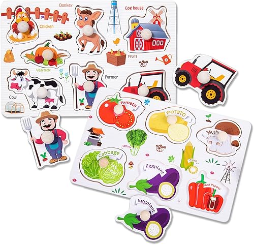 Rompecabezas de madera para niños pequeños, rompecabezas de clavijas, juguetes de regalo, juego de 2 rompecabezas para niños pequeños - Granjas y