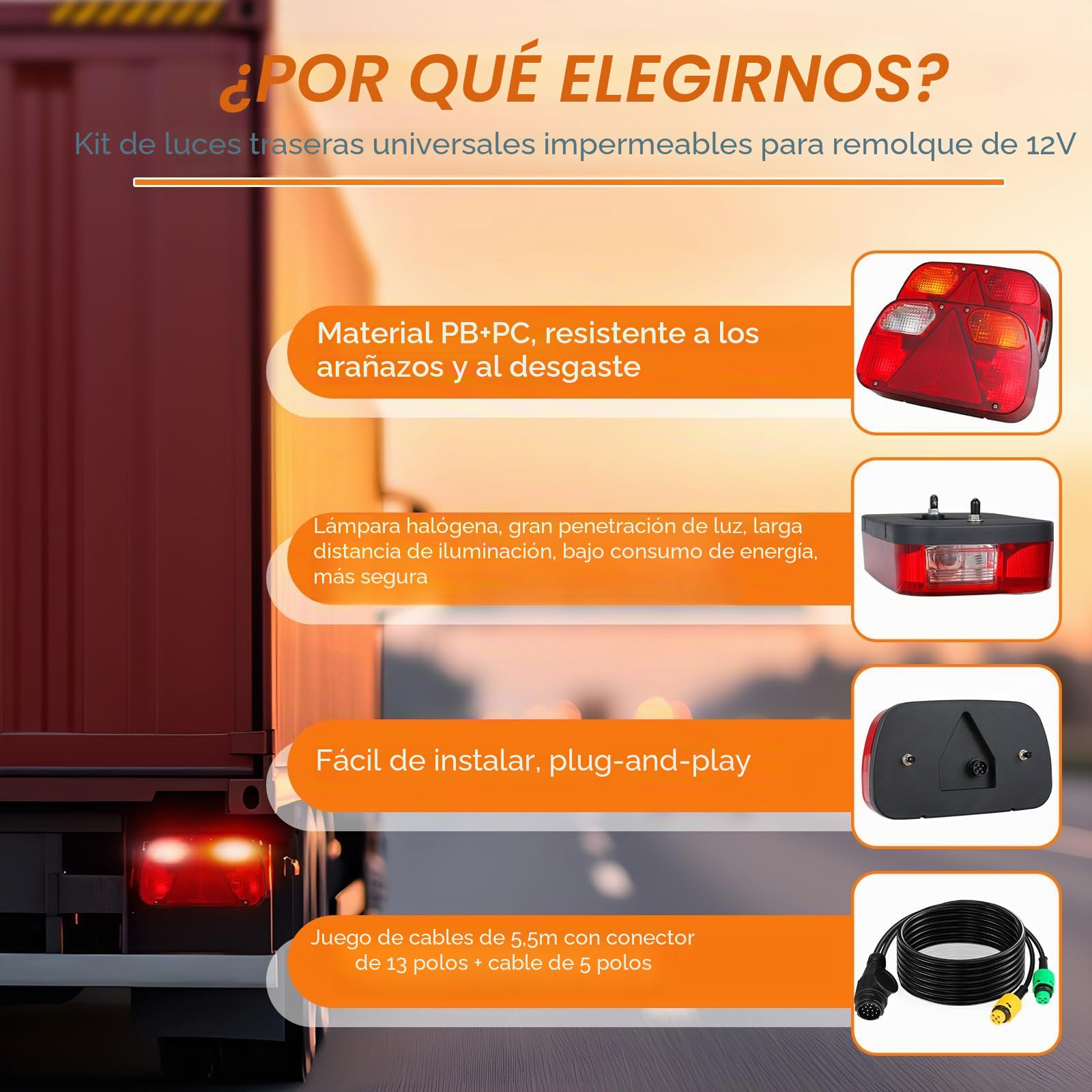 TLGREEN Juego de luces traseras para remolque iluminación de 13 pines 12V | luces traseras 7 funciones juego de 2 cables de 5,5 m, homologación E para coches camiones barcos caravanas y furgonetas
