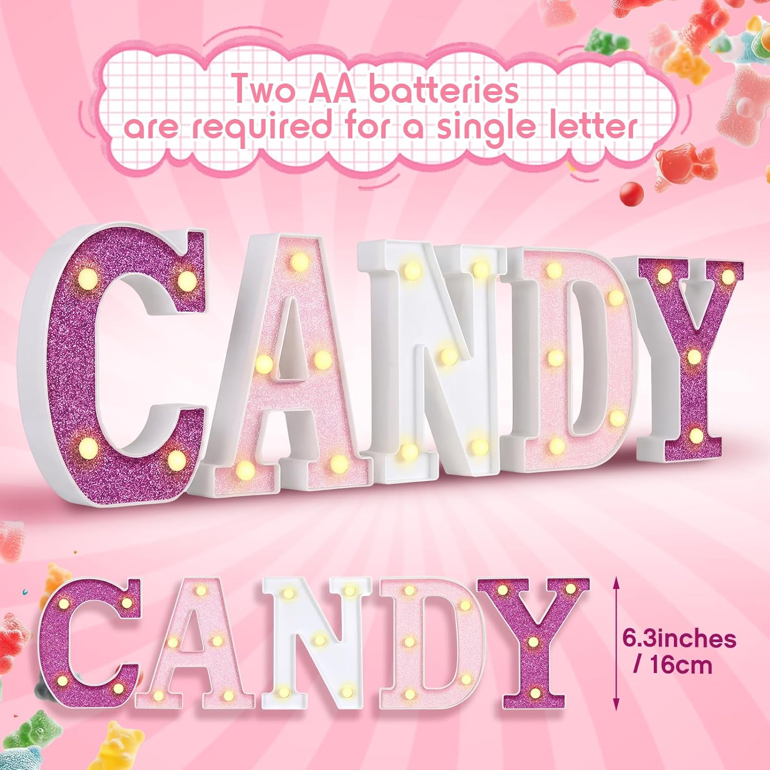 Aurelema Set of 5 Candy Decoration 6.3 Inches, Candyland Party Decorations, Glitter LED Marquee Light up Sign Battery Powered, Bar Sign, Store, Birthday Decorations
