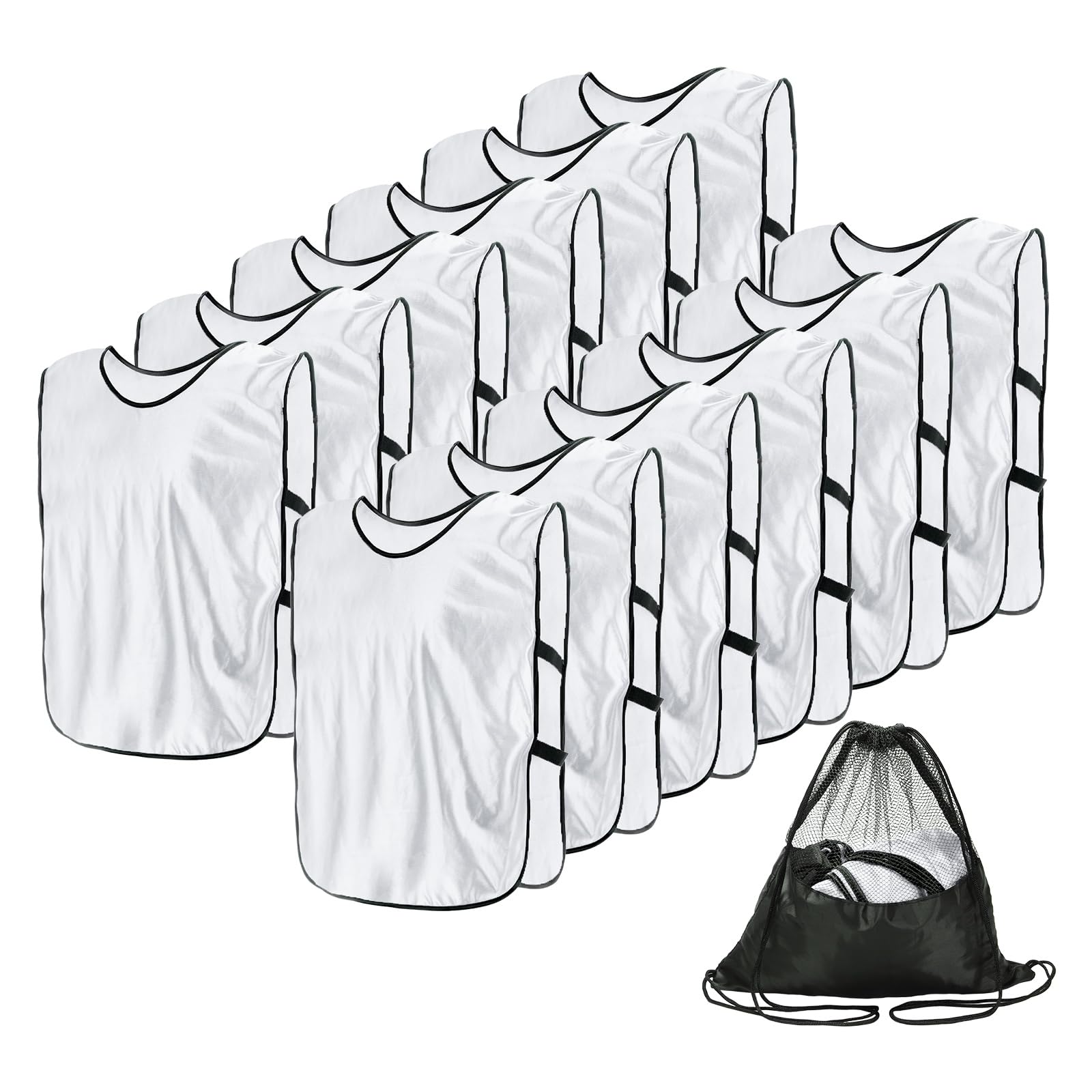 YELARXI Soccer Pennies, Team Sport Practice Jersey, Soccer Pinnies Scrimmage Vest with Elastic Bands Drawstring Bag 17.7"x11" & 12 Pcs & White -Fitting for (Adult/Basketball/Sport)
