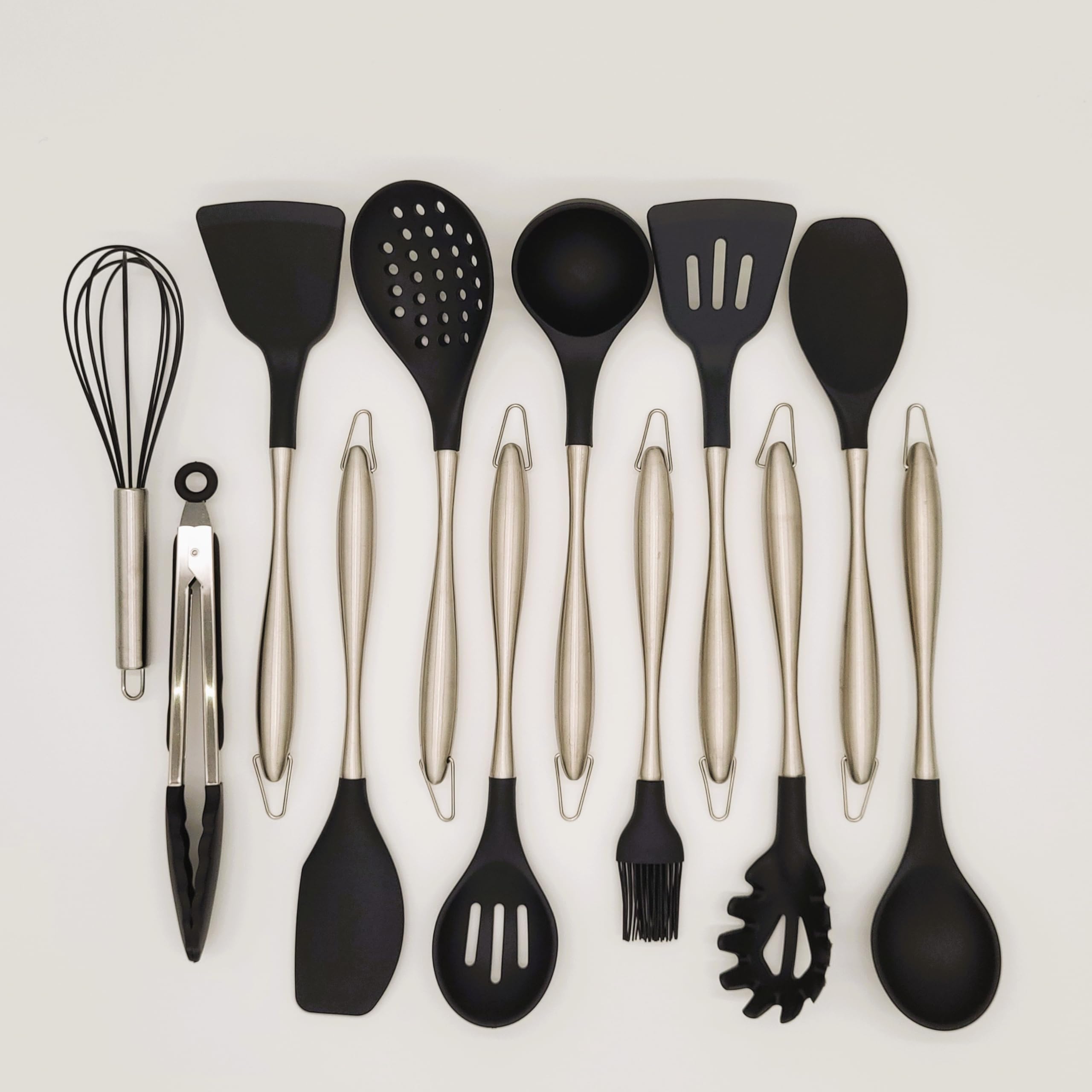 BWG Premium Küchenhelfer Set Edelstahl - Silikon12-teilig, Kochbesteck, Kochutensilien, Set aus hochwertigem Silikon in Schwarz, Griffe in elegantem Design, hitzebeständig.
