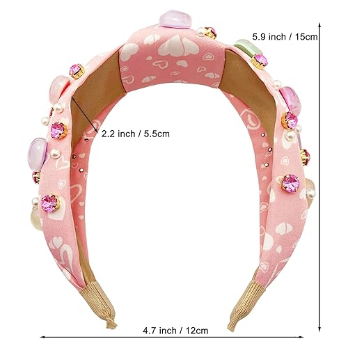 Miniatura 6 de BETITETO Diadema ancha anudada para mujer, diseño de corazón, diamantes de imitación rosa, perlas de cristal, bandas para el cabello, accesorios de