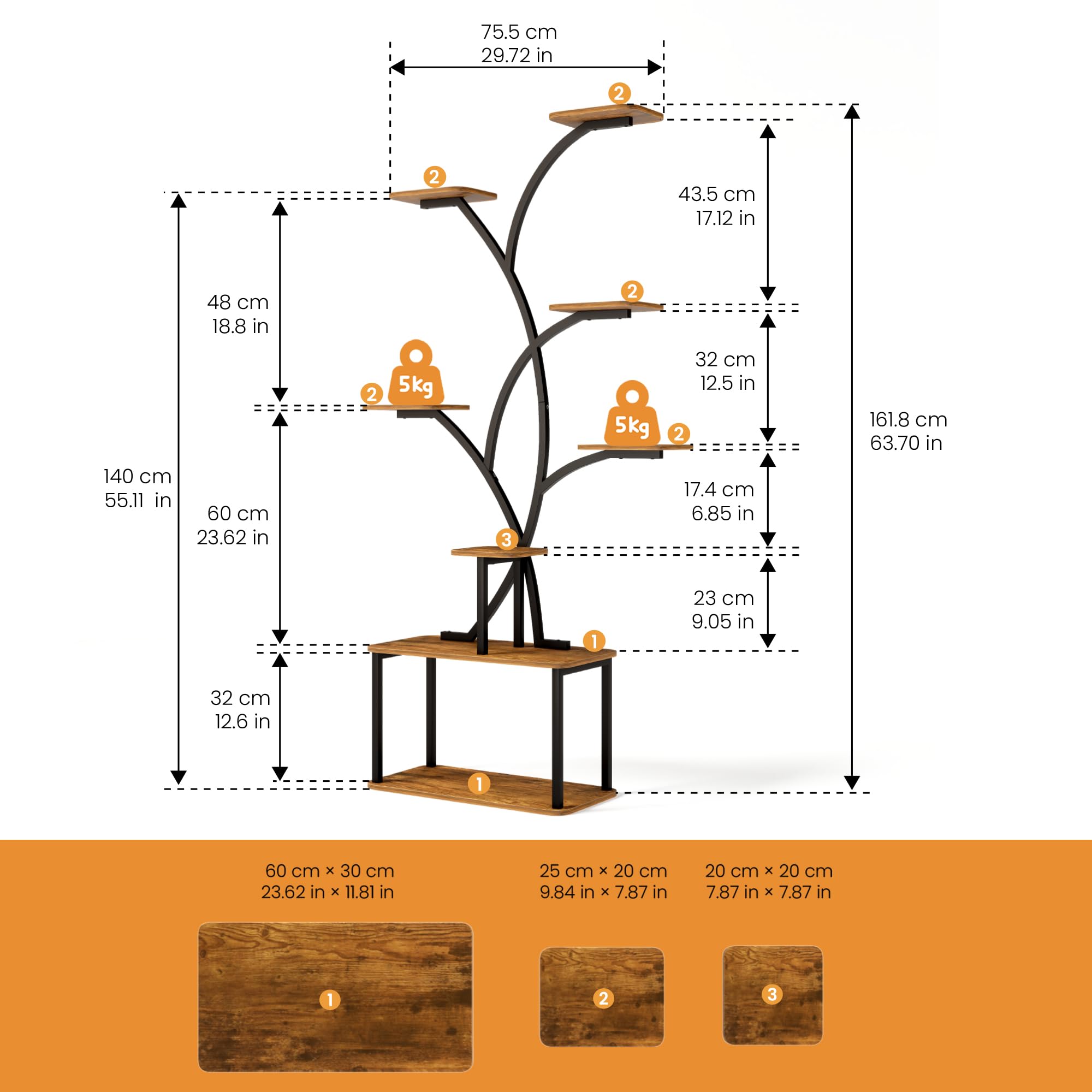 GoTiling Support Plantes Interieur avec Lampes de Culture: 162 cm Porte Plante d'Intérieur - 8 Niveaux Étagère Plante en Métal et Bois, Noir