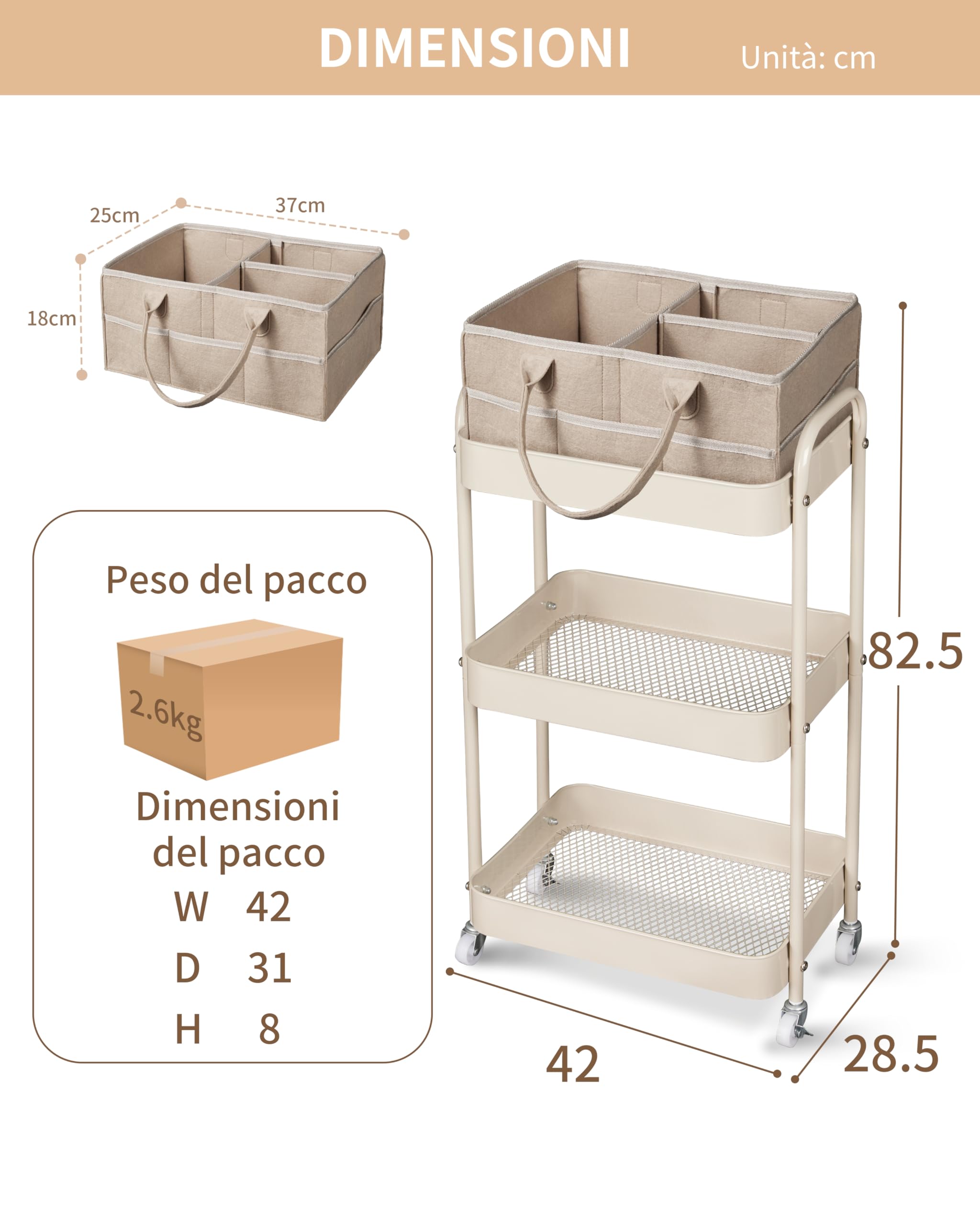 Fortella Carrello con Ruote Portatutto, Organizer Fasciatoio per Neonati Portatile, Ideale per Fasciatoio Neonato Bagno, Regalo Nascita Bimbo, 3 Ripiani Carrello Porta Attrezzi, Cucina (Marrone)