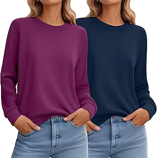 Paquete de 2 sudaderas casuales para mujer, camisas de algodón de manga larga, ajuste holgado, ligeras, cuello redondo, básicas, sin botones