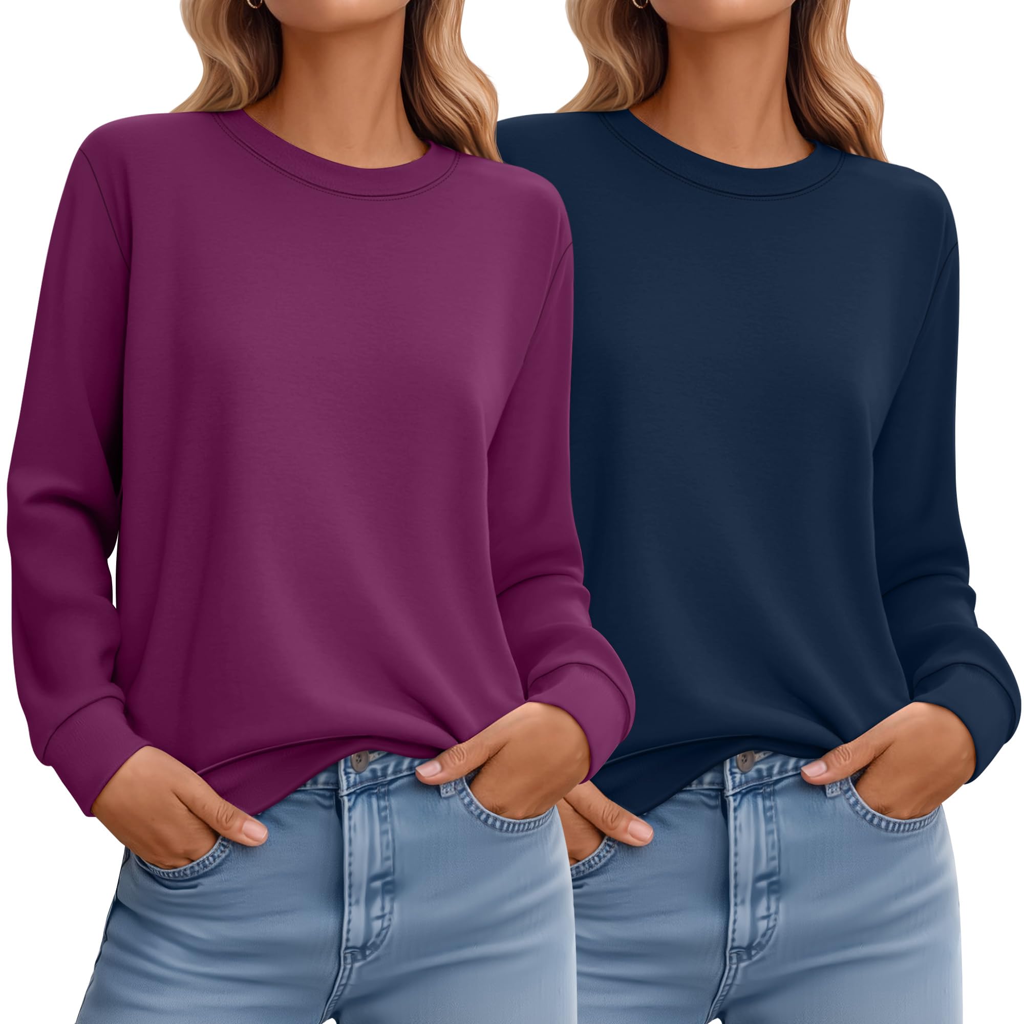 Ficerd 2 Pack Women's Casual Sweatshirts, Long Sleeve Cotton Shirts Loose Fit Lightweight Crew Neck Basic Tops Pullover