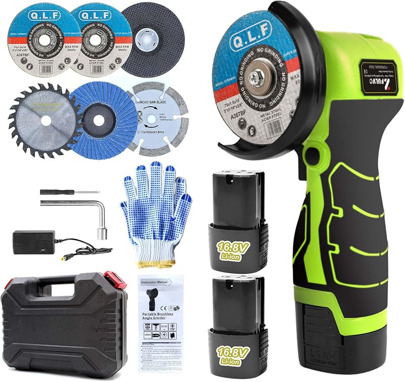 Cordless Brush Angle Grinder Kit, 19500rpm Mini Electric Angle Grinding Tool with 2pcs 16.8V 2000mAh Batteries and 6-Cutting Discs, Grinder Handheld Cutter for Metal Wood