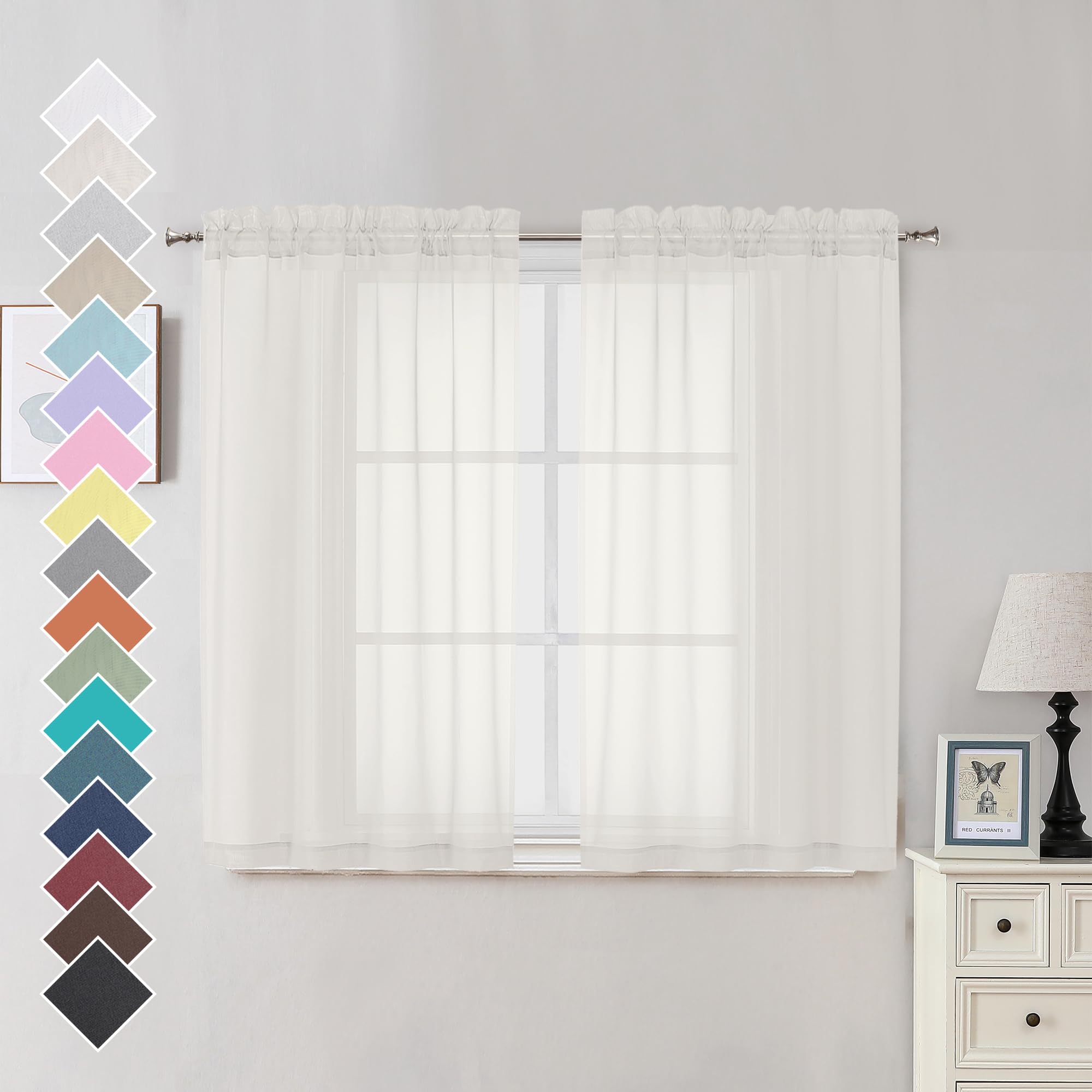 OVZME Sheer Curtains Ivory 45 inches Long Kitchen Curtains, Rod Pocket Clean Selvedge Voile Window Treatments, 2 Panels=84 Inches Width