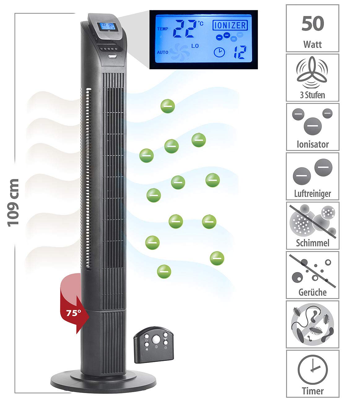 Sichler Haushaltsgeräte Turmventilator leise: 3-stufiger Design-Turmventilator mit Ionisator, 75°-Oszillation, 50 W (Standlüfter, Ventilator Ionisator, Ozon)
