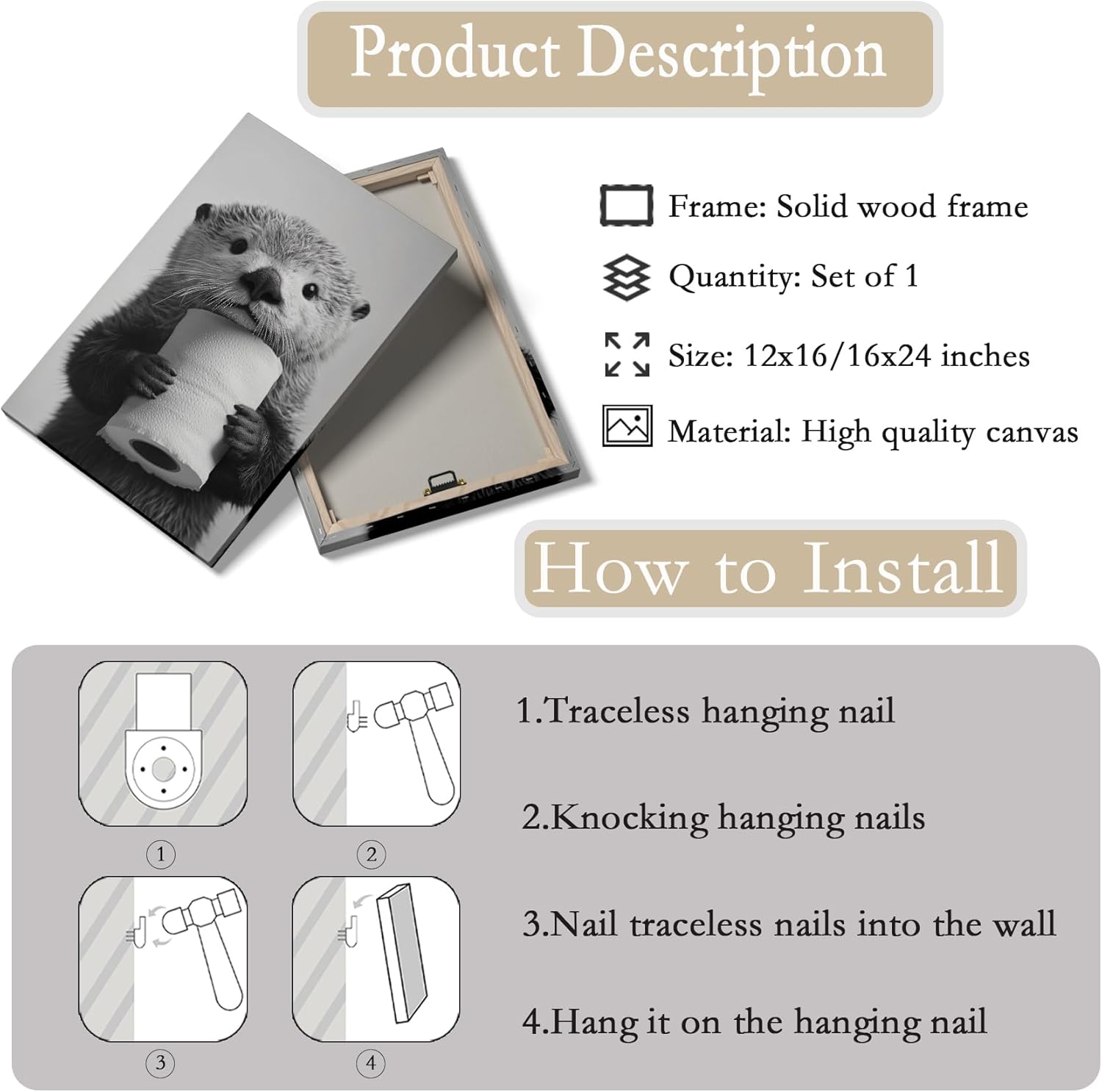 Funny Otter Bathroom Canvas Wall Art Picture Black and White Animal Poster Prints Cute Otter Holding a Roll of Toilet Paper Painting Bathroom Artwork Wall Decor for Restroom Bedroom 16x24in Framed