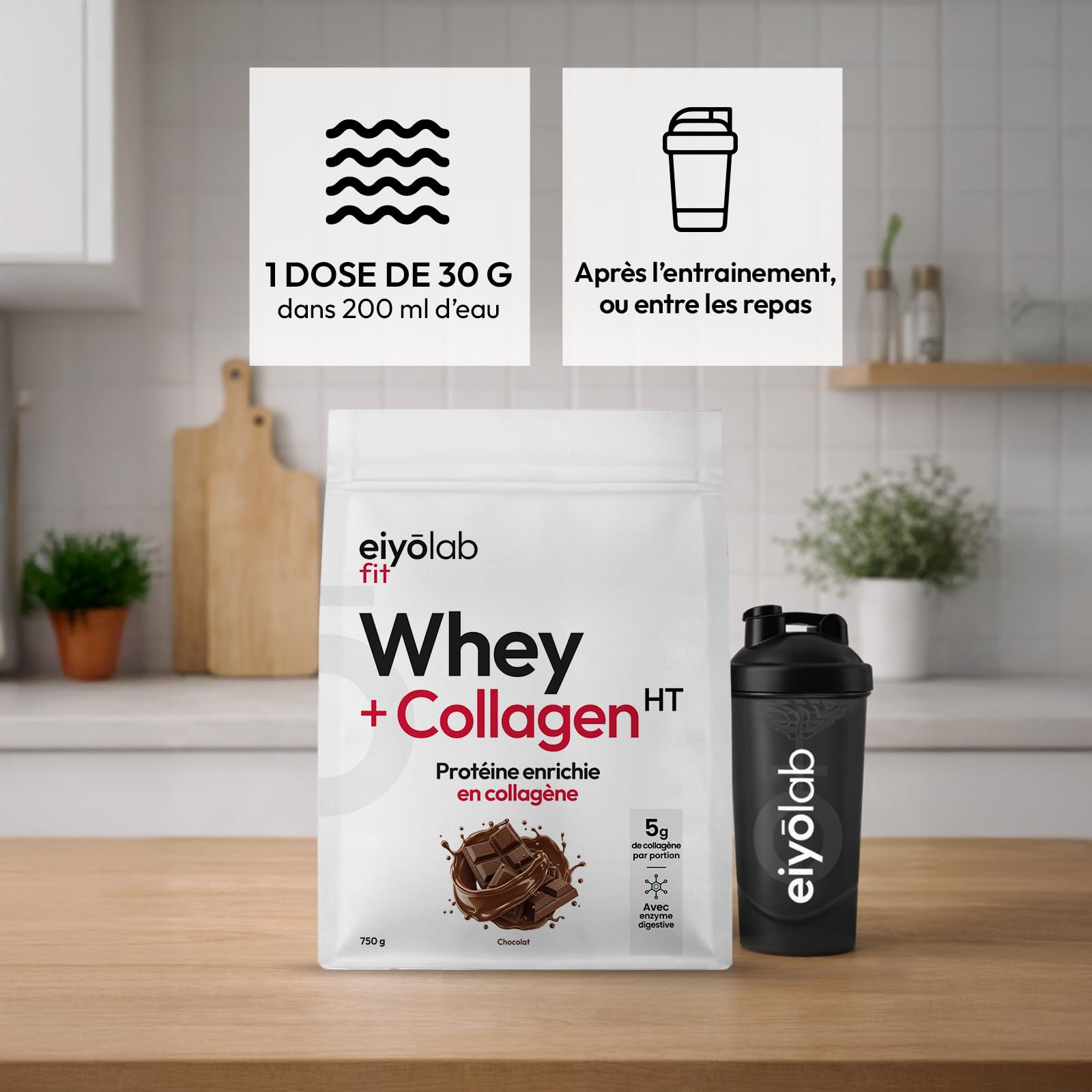 WHEY + COLLAGÈNE HT | 82% de Protéines | Peptides de Collagène Hydrolysé 2000 Da | Riche en BCAA | Construction de la masse musculaire | Entretien des Articulations | Saveur Chocolat | 750g | Eiyolab