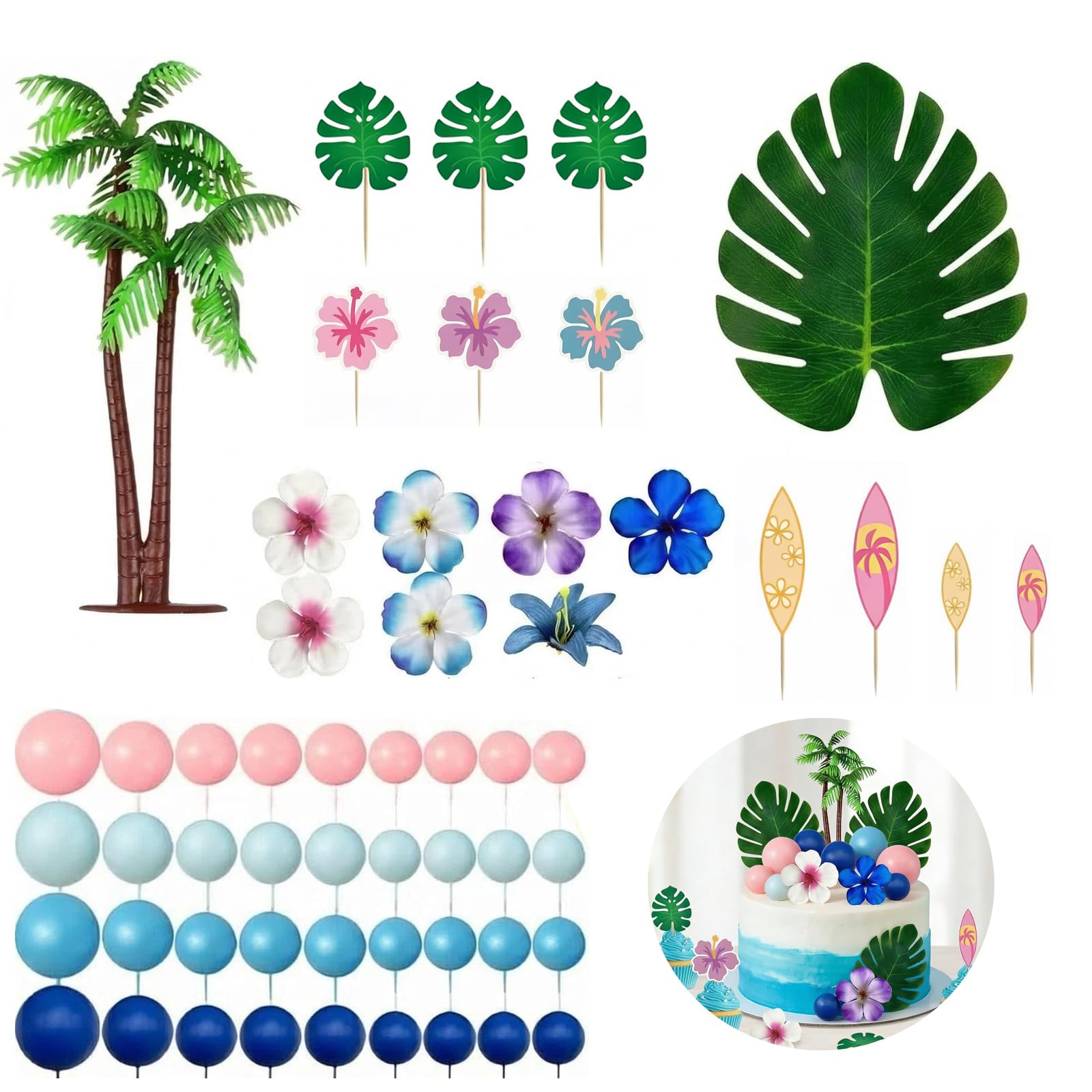 55 Pcs Tropical Cake Toppers,Hawaiian Theme Cake Decoration with Palm Leaves Hibiscus Flower Pink Blue Cake Balls,Summer Cake Decoration for Hawaii Aloha Birthday Party Cake Decor