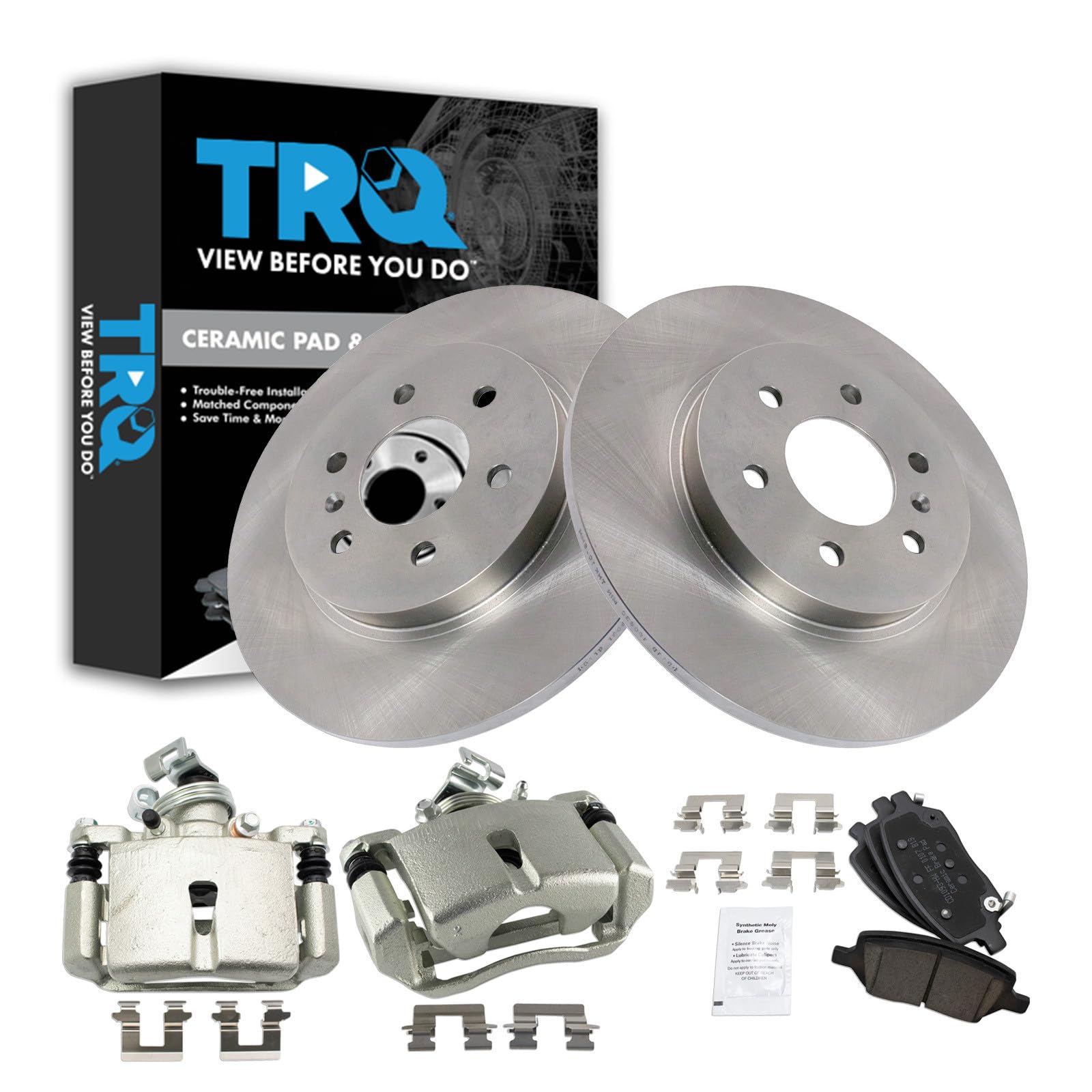 TRQ Rear Brake Pad and Rotor Set Ceramic Solid Rotors Calipers Compatible with 2006-2007 Buick Terraza 2006-2008 Chevrolet Uplander 2006-2007 Saturn Relay